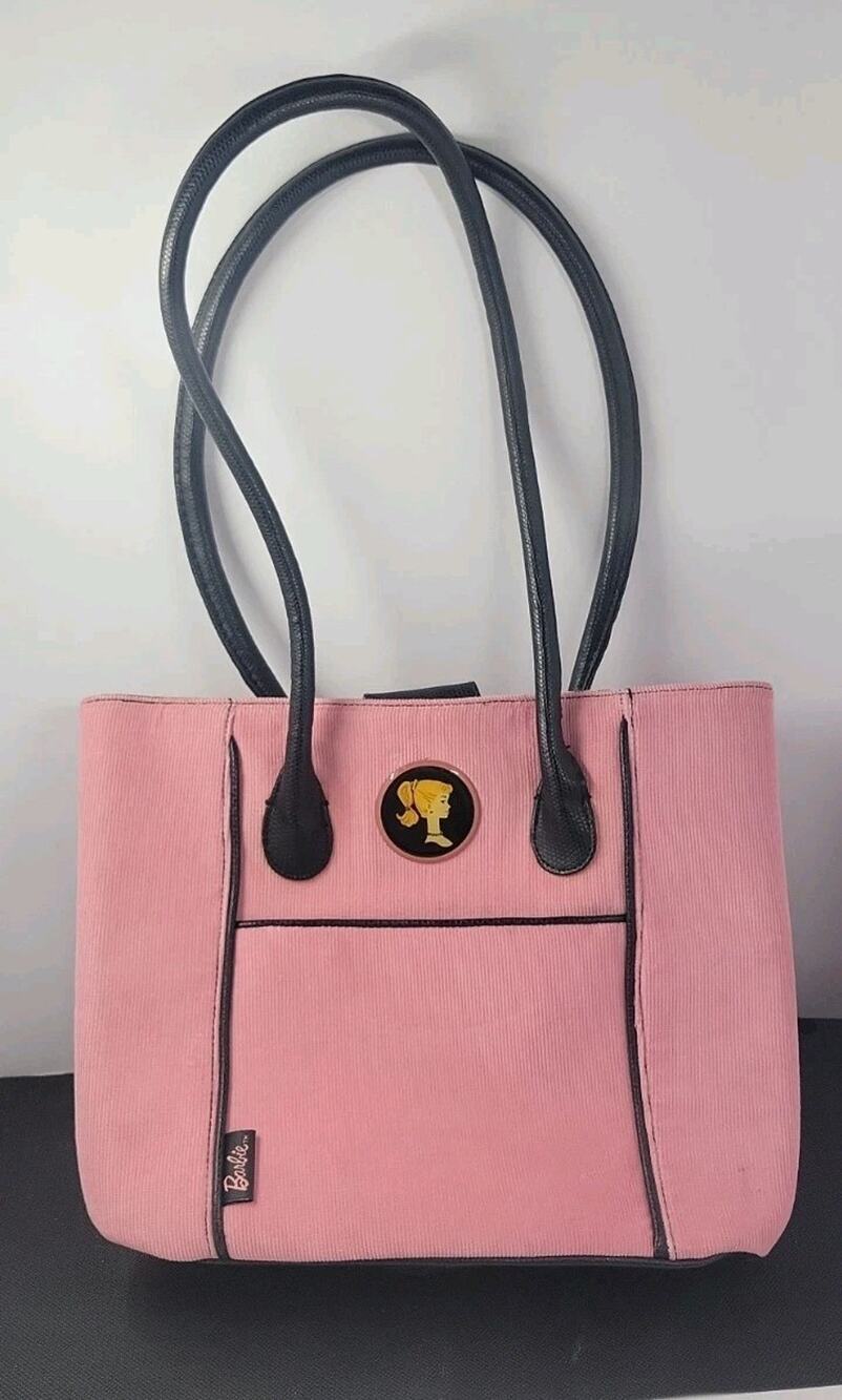 Barbie Pink Tote Bag Purse Black White Gingham Lining Y2K Shoulder Bag w/ Mirror